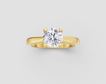 Classic Solitaire Moissanite Ring | 1ct Round GRA Certified | DEF / VVS1 | Yellow Gold Timeless Ring | Fuego Jewels