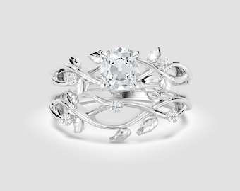 Old Mine Cut Cushion Bridal Ring Set | Antique-Inspired Lab Diamond | White Gold DEF/VVS1-2 | Fuego Jewels