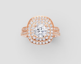 Triple Halo Moissanite Engagement Ring | 1ct Round Center | DEF VVS1 GRA Certified | Rose Gold Statement Sparkle | Fuego Jewels