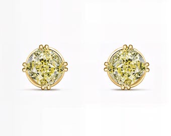 Cushion Yellow Sapphire Stud Earrings in Two-Tone Gold | Half White Half Yellow Gold Setting | Fuego Jewels