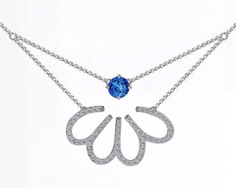 Nature-Inspired Round Blue Sapphire Flower Pendant Necklace | 14K 18K Platinum White Gold | Elegant Jewelry | Fuego Jewels
