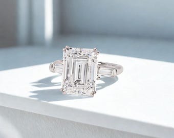 Emerald Cut 3 Ct Lab-Grown Diamond Ring with Baguette Side Stones | DEF / VVS1-2 | Silver, 10K 14K 18K White Gold & Platinum | Fuego Jewels