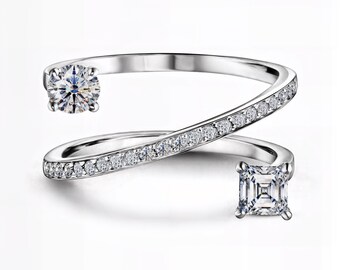 Twist Bypass Two-Stone Lab Diamond Ring | Round & Princess | E-F VS1–2 | Silver, Gold, Platinum | Fuego Jewels
