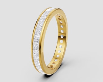 Princess Cut Moissanite Channel Set Band | DEF Color VVS1-2 Clarity | 925 Silver, 10K, 14K, 18K, Platinum | Yellow Gold Look | Fuego Jewels