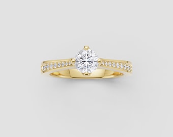 Yellow Gold 0.75ct Moissanite Solitaire Ring with Diamond Pavé Band – Classic Engagement Gift for Her | Fuego Jewels