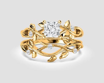 2 Ct Princess-Cut Lab-Grown Diamond Twig Ring Set – Nature Leaf Design Bridal | DEF / VVS1-2 | 14K Yellow Gold | Fuego Jewels