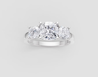 Three Stone Moissanite Ring | 1ct Round Center + Sides | Cushion Band | White Gold Engagement | Fuego Jewels
