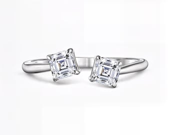 Asscher Cut Double Stone Open Ring – Lab-Grown Diamond Bypass Band | EF Color • VS1-2 Clarity | Fuego Jewels