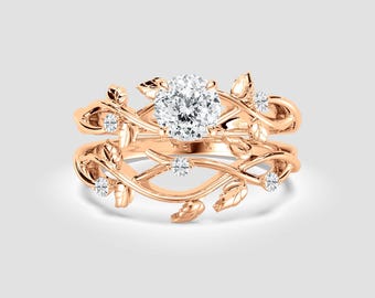 Vintage Leaf Bridal Ring Set | 1ct Portuguese Lab Diamond | Yellow Gold DEF/VVS1-2 | Fuego Jewels