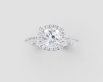1ct Cushion Cut Moissanite Halo Engagement Ring | 14K White Gold Pavé Band | DEF VVS1 GRA Certified | Fuego Jewels