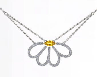 Nature-Inspired Marquise Yellow Sapphire Flower Pendant Necklace | 14K 18K Platinum White Gold | Elegant Jewelry | Fuego Jewels
