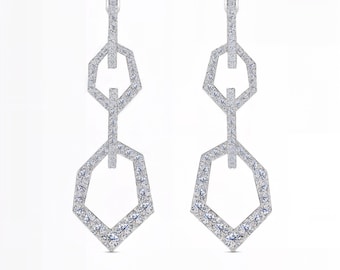 Geometric Link Chain Lab Diamond Earrings | DEF VVS1-2 Sparkle | Pavé Set Modern Drops | Silver, Gold & Platinum | Fuego Jewels