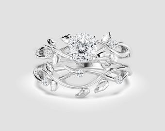 Vintage Leaf Bridal Ring Set | 1ct Portuguese Lab Diamond | Yellow Gold DEF/VVS1-2 | Fuego Jewels