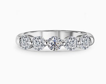 5-Stone Round Lab Diamond Band | F-G Color VS Clarity | 14K Gold, Platinum & 925 Silver | Wedding Stackable Ring | Fuego Jewels