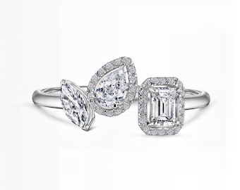 Emerald Pear Marquise Lab Diamond Ring | Three Stone Open Band | E-F VS1-2 Clarity | Silver, Gold, Platinum | Fuego Jewels