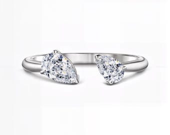 Bypass Pear Cut Two Stone Lab Diamond Ring IGI Certified Engagement Minimalist Statement Ring Gold Silver Platinum Fuego Jewels
