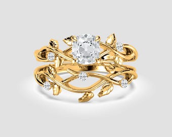 Old Mine Cut Cushion Bridal Ring Set | Antique-Inspired Lab Diamond | Yellow Gold DEF/VVS1-2 | Fuego Jewels