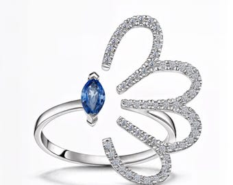Nature-Inspired Butterfly Ring with Marquise Blue Sapphire & Diamond Accents | White Gold 14K 18K Platinum | Fuego Jewels