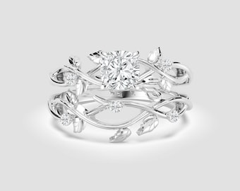 White Gold Vine Lab Diamond Ring Set | Round Cut DEF VS1-2 | Nature Inspired Bridal Rings | Fuego Jewels