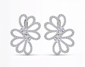 Nature Inspired Pear Cut Lab Diamond Earrings | Floral Statement Design | 14K 18K White Gold & Platinum | Elegant Jewelry | Fuego Jewels