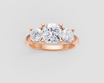 Three Stone Moissanite Ring | 1ct Round Center + Sides | Cushion Band | Rose Gold Romantic Ring | Fuego Jewels