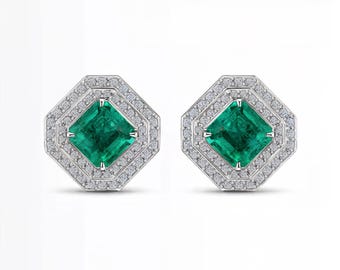 Asscher Cut Green Sapphire Stud Earrings with Diamond Double Halo | Silver, 10K 14K 18K Gold, Platinum | Fuego Jewels