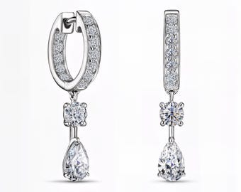 Pear & Round Cut Lab-Grown Diamond Dangle Earrings | DEF VVS1-2 | Latch Back Lock | Custom in Silver, Gold, Platinum | Fuego Jewels