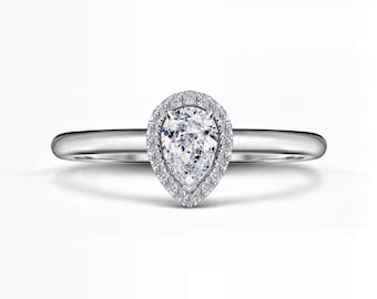 Pear-Cut Lab Diamond Halo Engagement Ring | E-F VS1-2 Clarity | 0.75 Ct Center | Silver, Gold, Platinum | Fuego Jewels