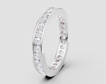 Round Cut Moissanite Channel Set Band | DEF Color VVS1-2 Clarity | 925 Silver, 10K, 14K, 18K, Platinum | White Gold Look | Fuego Jewels