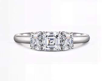 Asscher Cut Lab Diamond Ring | Three-Stone Design with Step Cuts | E-F Color / VS1–2 Clarity | Silver, Gold, Platinum | Fuego Jewels