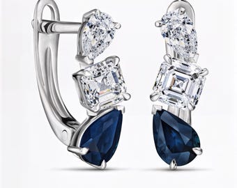 Fancy Vivid Blue Pear Lab-Grown Diamond Drop Earrings | Asscher & Marquise Cut Accent Stones | Custom Silver, Gold, Platinum | Fuego Jewels