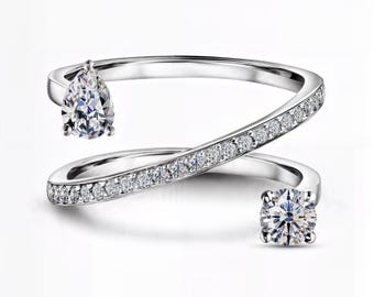 Twist Bypass Two-Stone Lab Diamond Ring | Round & Pear | E-F VS1–2 | Silver, Gold, Platinum | Fuego Jewels