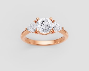 Three Stone Moissanite Ring | 1ct Round + Triangle Sides | DEF / VVS1 | Rose Gold Engagement | Fuego Jewels