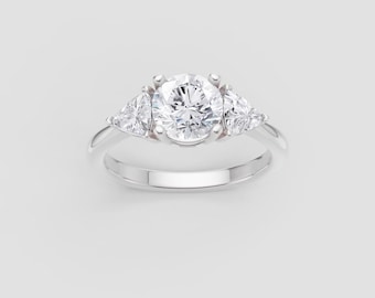 Three Stone Moissanite Ring | 1ct Round + Triangle Sides | DEF / VVS1 | White Gold Trio Ring | Fuego Jewels
