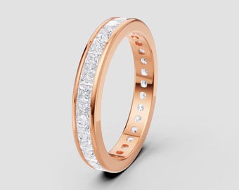 Princess Cut Moissanite Channel Set Band | DEF Color VVS1-2 Clarity | 925 Silver, 10K, 14K, 18K, Platinum | Rose Gold Look | Fuego Jewels