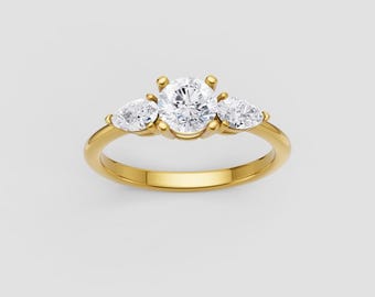 Three Stone Moissanite Ring | 1ct Round + Pear Side Stones | DEF / VVS1 | Yellow Gold Classic Ring | Fuego Jewels