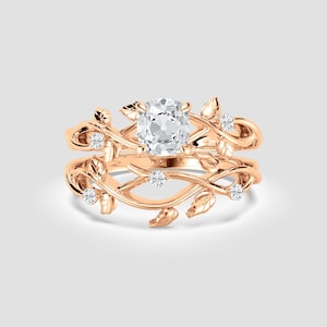 Old Mine Cut Lab Diamond Bridal Ring Set: Antique Rose Gold