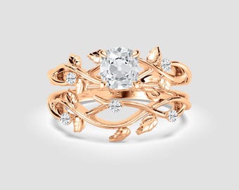 Old Mine Cut Cushion Bridal Ring Set | Antique-Inspired Lab Diamond | Rose Gold DEF/VVS1-2 | Fuego Jewels