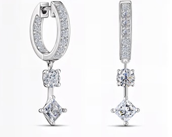 Geometric Drop Lab-Grown Diamond Earrings | Modern Hoops with Latch Back | Custom in Silver, Gold & Platinum | Fuego Jewels