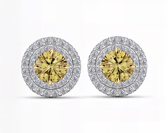 Round Yellow Sapphire Double Halo Stud Earrings | Silver, 10K 14K 18K Yellow White Rose Gold, Platinum | Fuego Jewels