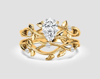 2 Ct Pear-Cut Lab-Grown Diamond Twig Ring Set – Leaf Nature Design Bridal | DEF / VVS1-2 | 14K Yellow Gold | Fuego Jewels