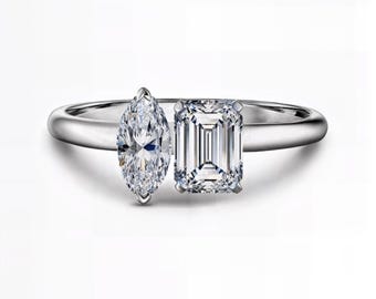Two-Stone Lab Diamond Ring | Marquise & Emerald Cut | D–E Color / VVS1–2 Clarity | Silver, Gold, Platinum | Fuego Jewels