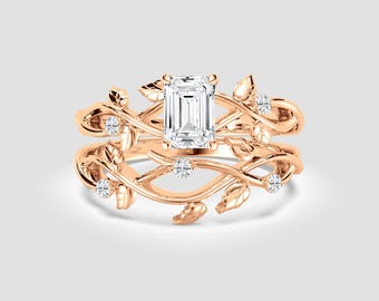 Rose Gold Vine Lab Diamond Ring Set | Emerald Cut DEF VS1-2 | Nature Inspired Bridal Rings | Fuego Jewels