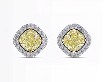 Cushion Yellow Sapphire & Lab Diamond Halo Earrings | D–E Color / VVS1–2 Clarity | Silver, 10K 14K 18K Gold, Platinum | Fuego Jewels