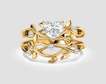 2 Ct Heart-Cut Lab-Grown Diamond Twig Ring Set – Exclusive Leaf Bridal Design | DEF / VVS1-2 | 14K Yellow Gold | Fuego Jewels