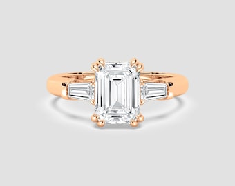 Emerald Cut 3 Ct Lab-Grown Diamond Ring with Tapered Baguette Side Stones | DEF / VVS1-2 | Rose Gold 10K 14K 18K | Fuego Jewels