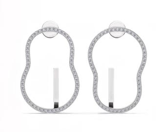 Pave Hoop Drop Earrings | Modern Geometric Hoops | Custom Silver, Gold, Platinum | Round Diamond Sparkle | Fuego Jewels
