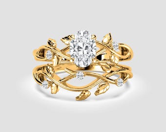 2 Ct Oval Lab-Grown Diamond Twig Ring Set – Nature Leaf Branch Bridal | IGI Certified | 14K Yellow Gold | Fuego Jewels