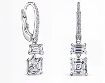 Trapezoid Asscher Cut Lab-Grown Diamond Dangle Earrings DEF VVS1-2 | Lever Back | Custom Silver Gold Platinum | Fuego Jewels