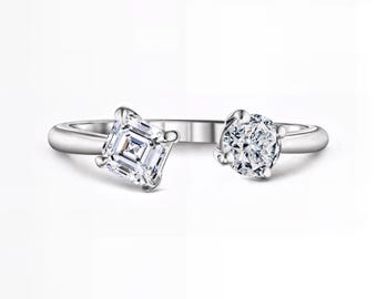 Round & Asscher Cut Double Stone Ring – Lab-Grown Diamond Open Band | EF Color • VS1-2 Clarity | Fuego Jewels